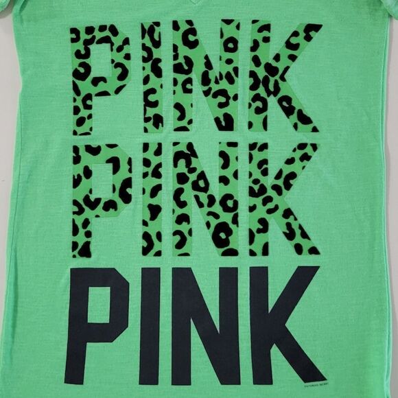 PINK Victoria's Secret Green V-neck Graphic Short Sleeve T-shirt - Picture 7 of 11